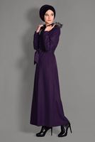 Hijab clothing PURPLE FAUX-FUR-TRIM HOODED COAT WITH POCKETS 9633 