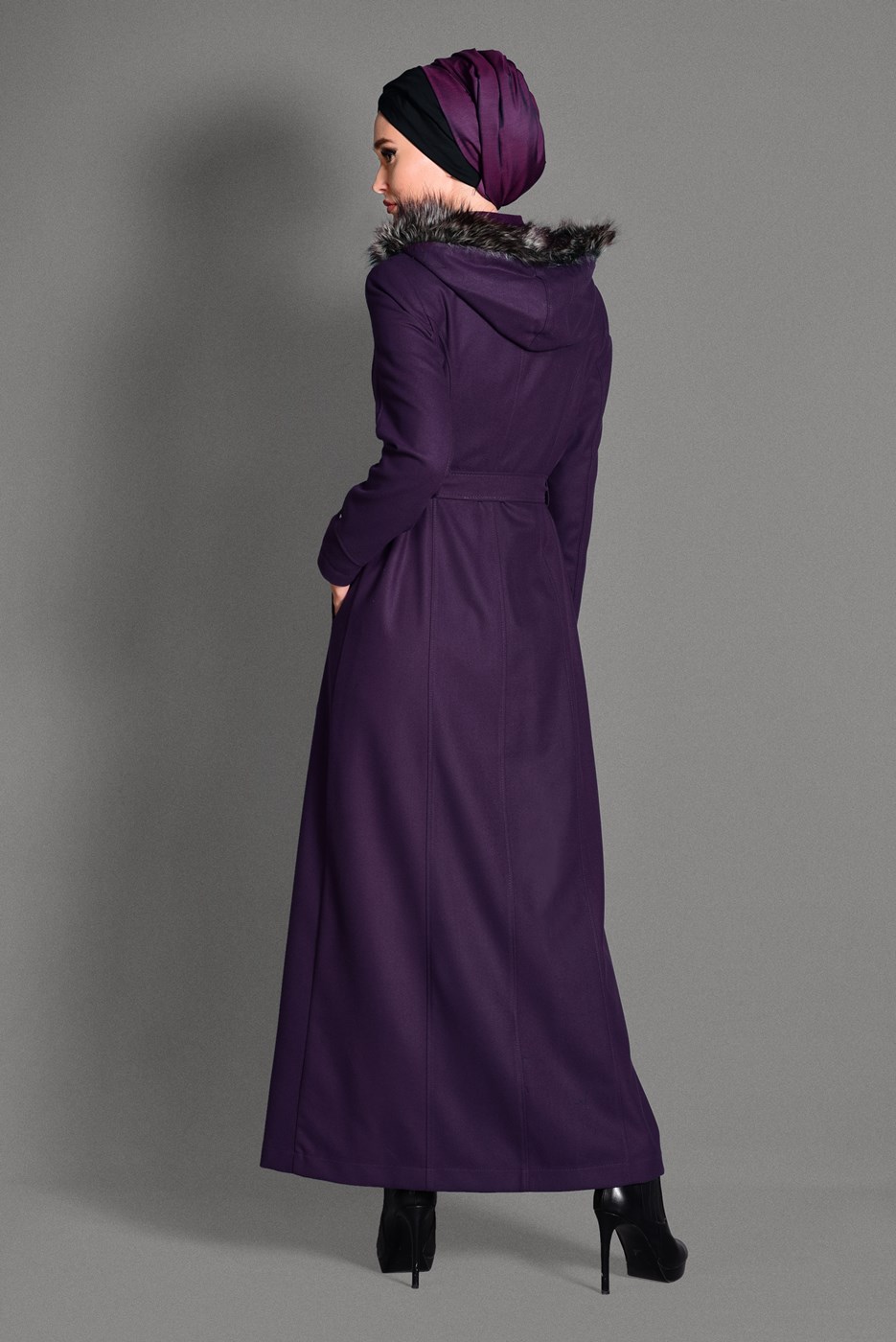 Hijab clothing PURPLE FAUX-FUR-TRIM HOODED COAT WITH POCKETS 9633 