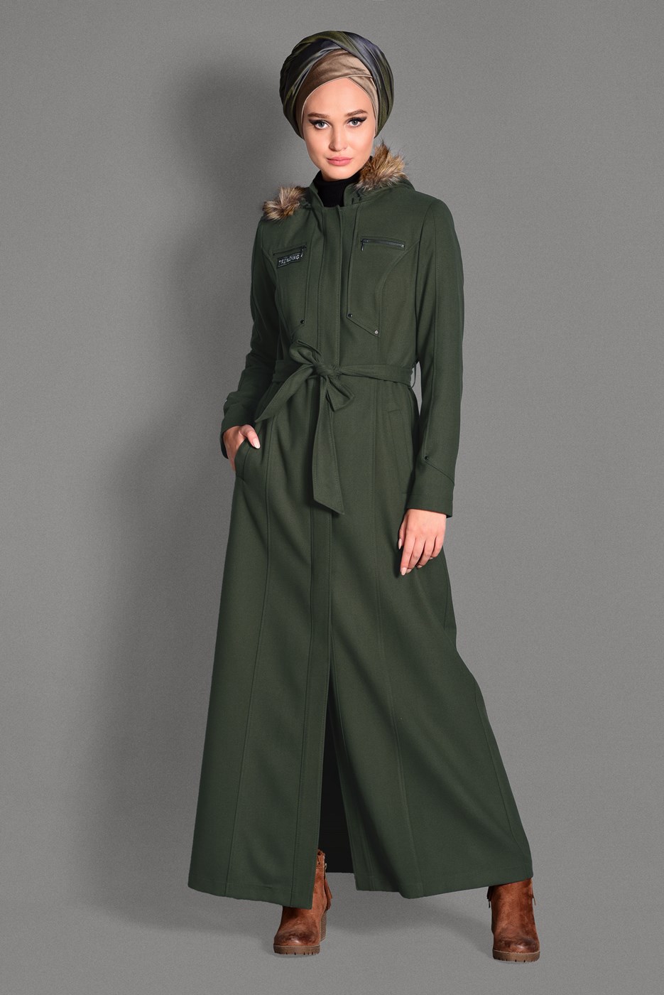 Hijab clothing KHAKI FAUX-FUR-TRIM HOODED COAT WITH POCKETS 9633 