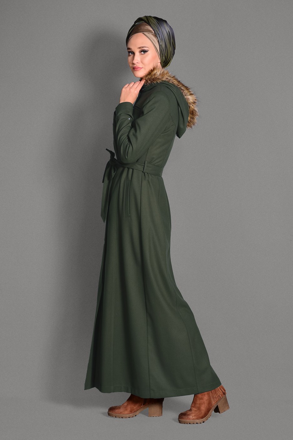 Hijab clothing KHAKI FAUX-FUR-TRIM HOODED COAT WITH POCKETS 9633 