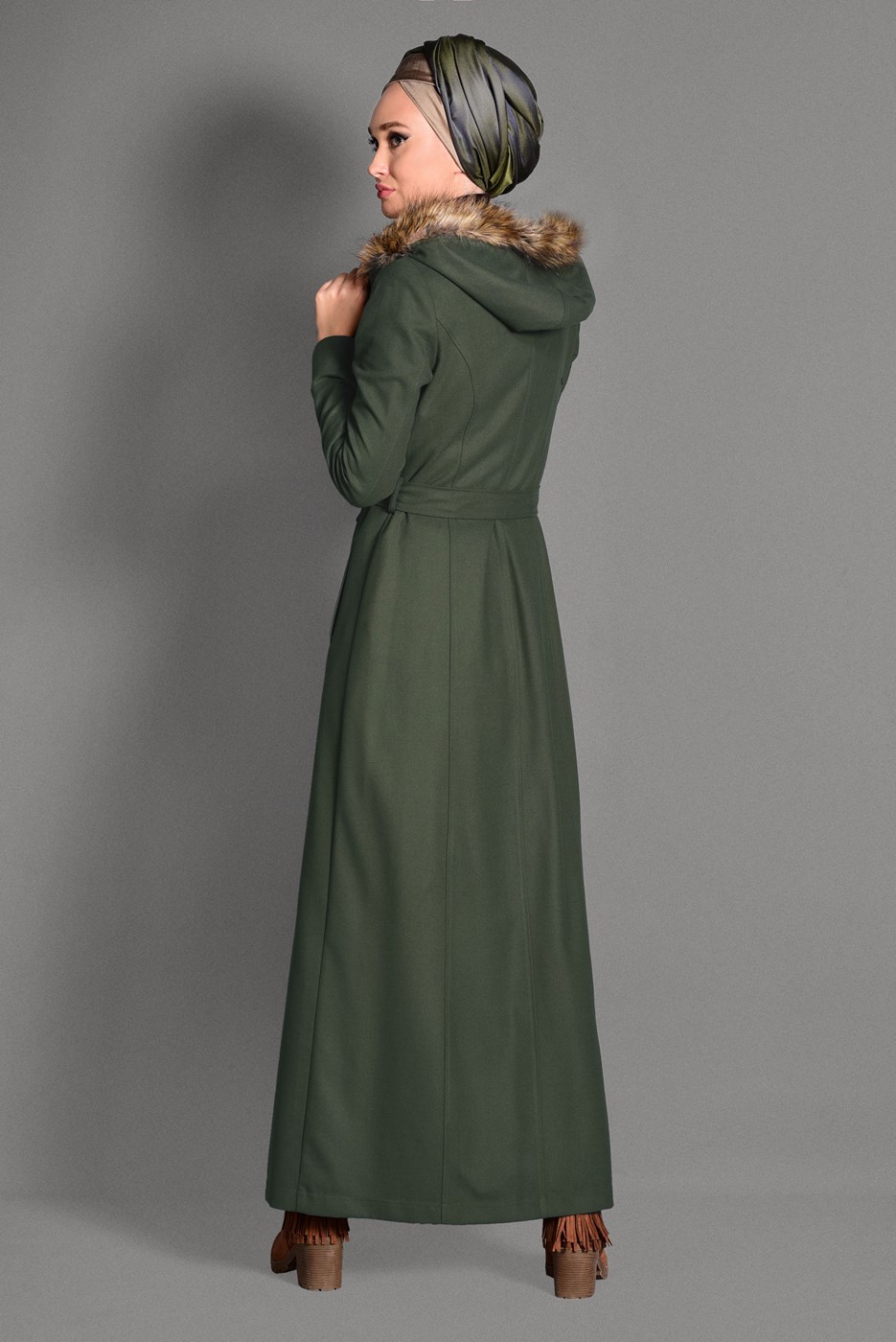 Hijab clothing KHAKI FAUX-FUR-TRIM HOODED COAT WITH POCKETS 9633 