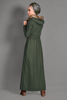 Hijab clothing KHAKI FAUX-FUR-TRIM HOODED COAT WITH POCKETS 9633 