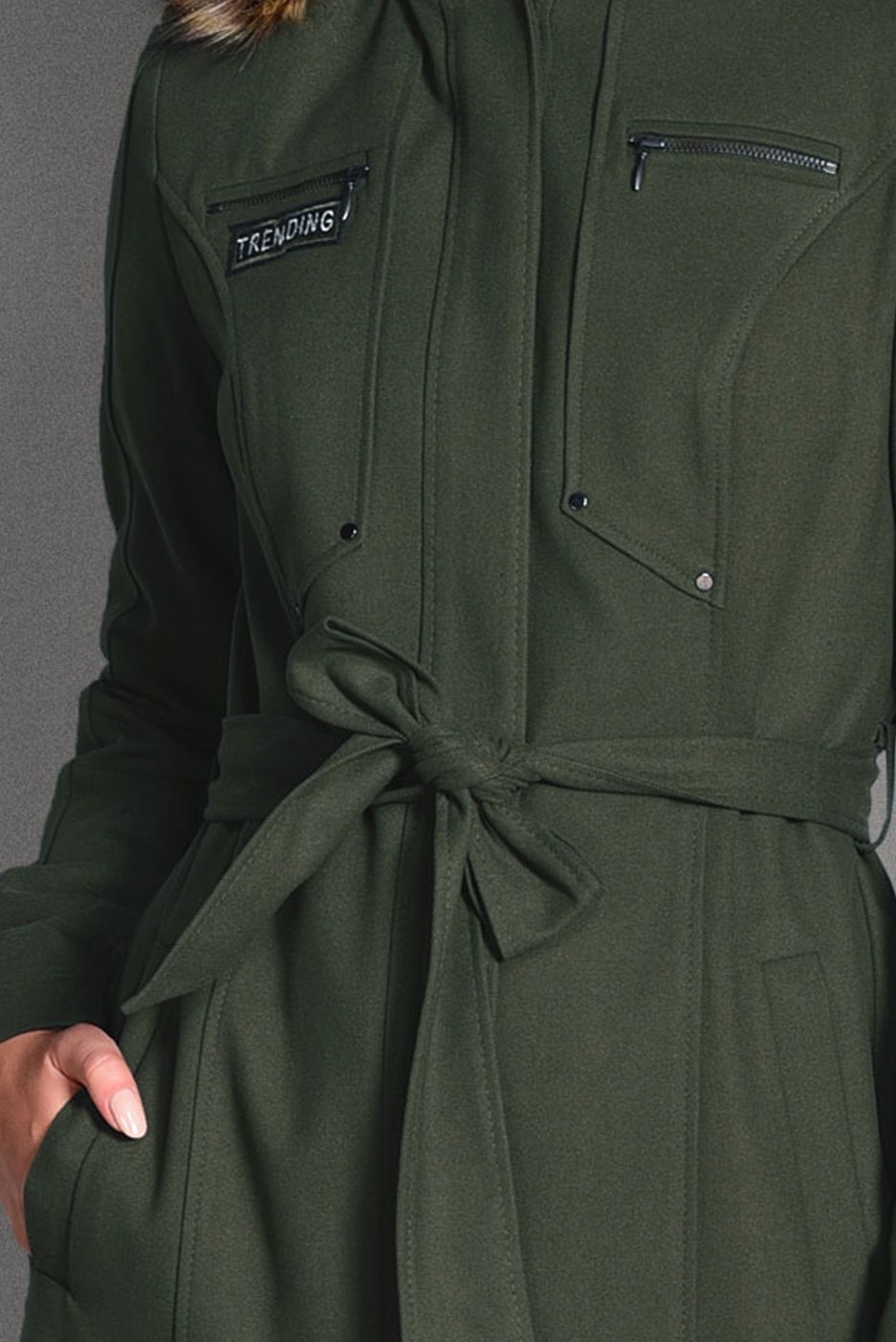 Hijab clothing KHAKI FAUX-FUR-TRIM HOODED COAT WITH POCKETS 9633 