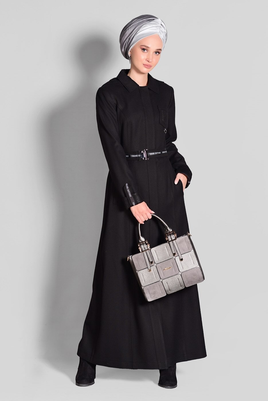 Hijab clothing BLACK HOODED BELTED COAT 9634 