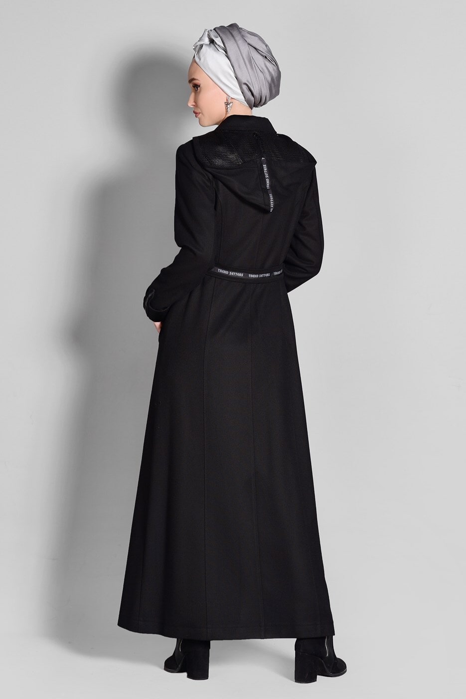Hijab clothing BLACK HOODED BELTED COAT 9634 