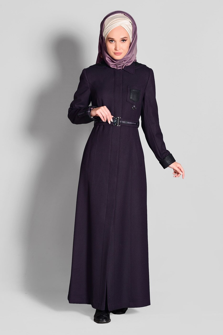 Hijab clothing PLUM HOODED BELTED COAT 9634 