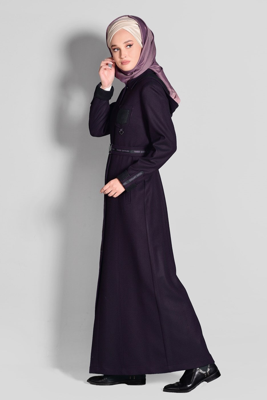 Hijab clothing PLUM HOODED BELTED COAT 9634 