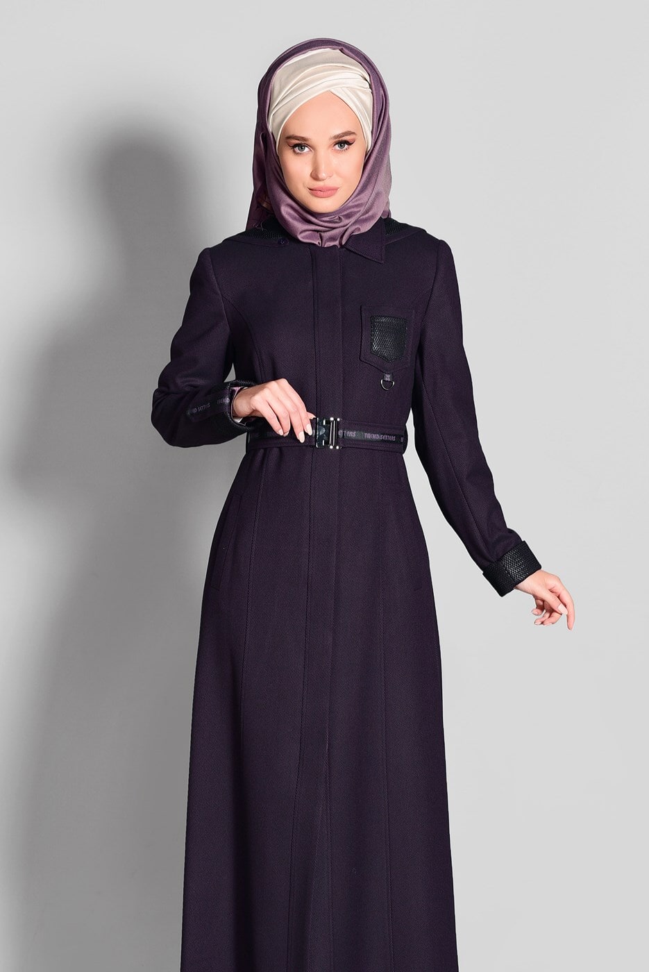 Hijab clothing PLUM HOODED BELTED COAT 9634 