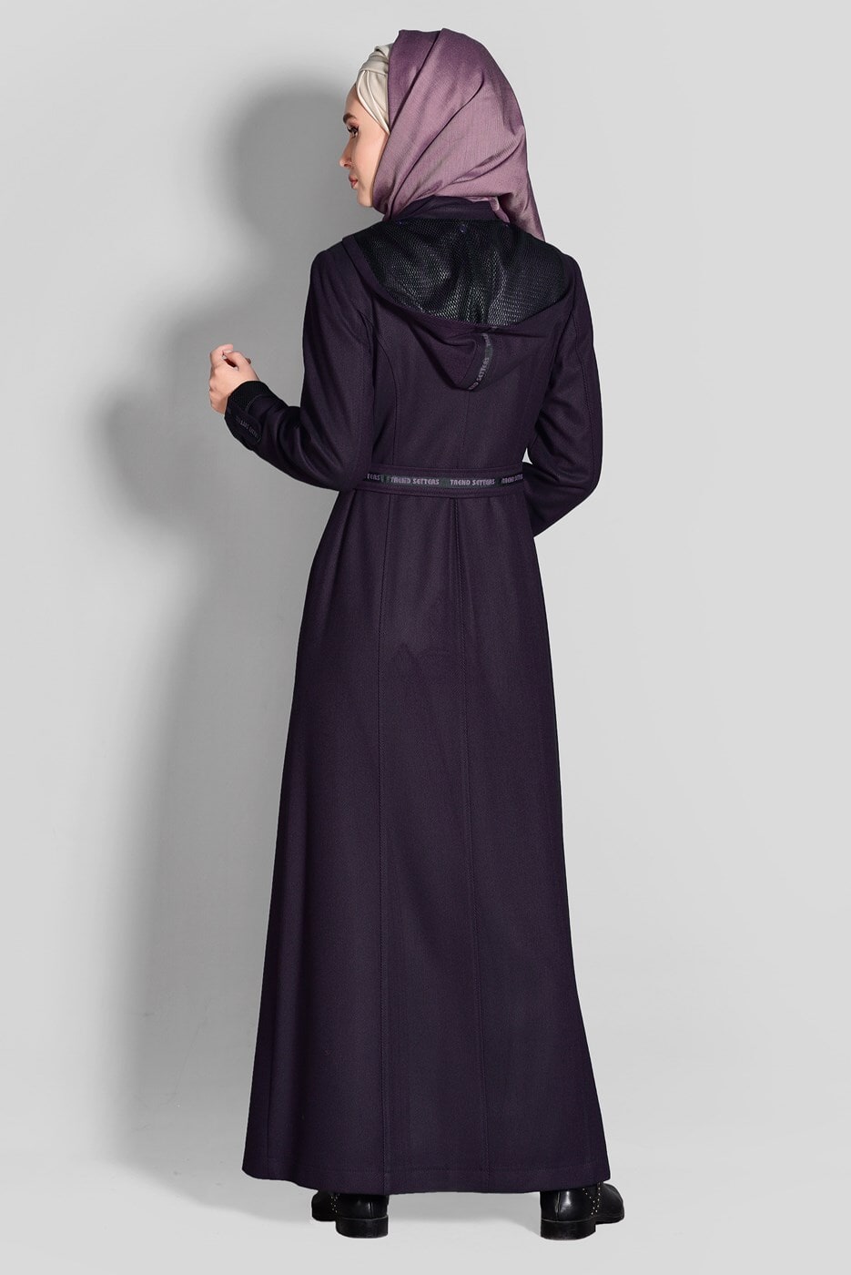 Hijab clothing PLUM HOODED BELTED COAT 9634 