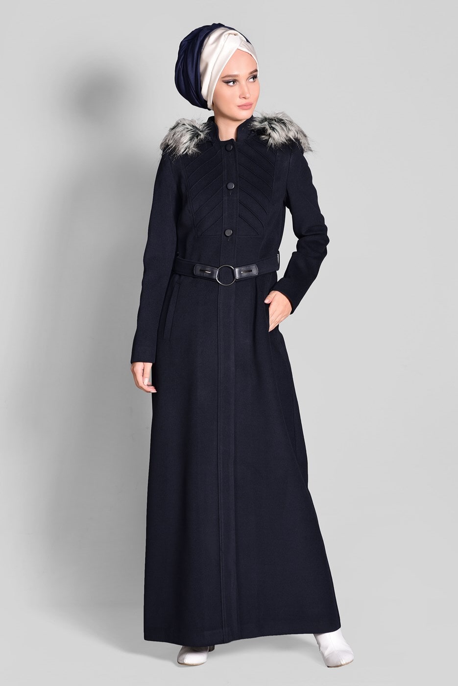 Tesettür giyim LACİVERT KAPÜŞONLU HAKİM YAKA MANTO 9679 