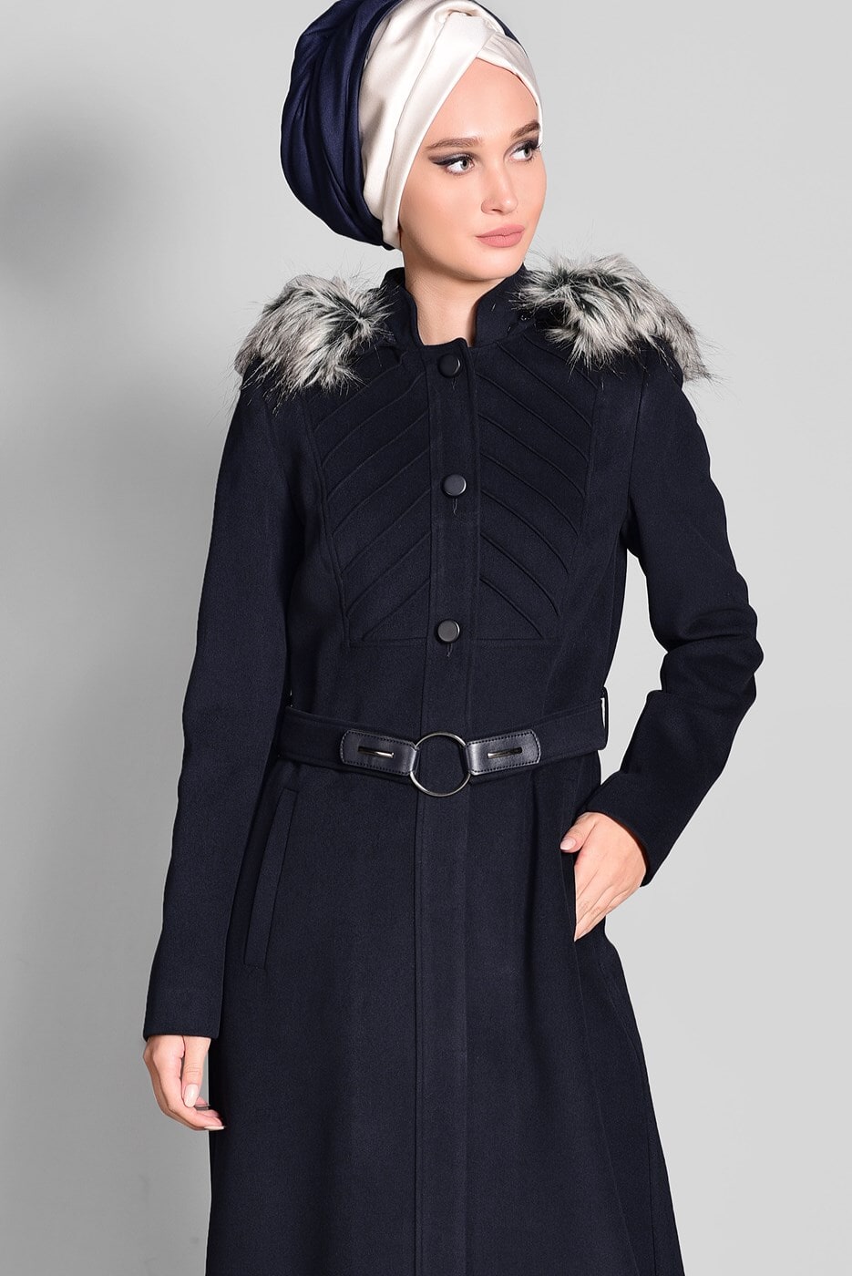 Tesettür giyim LACİVERT KAPÜŞONLU HAKİM YAKA MANTO 9679 