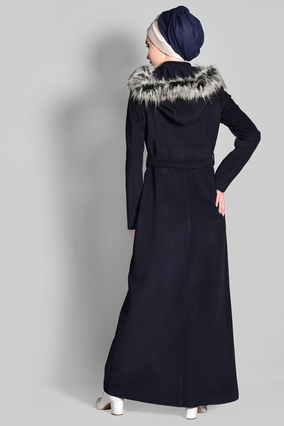 Tesettür giyim LACİVERT KAPÜŞONLU HAKİM YAKA MANTO 9679 