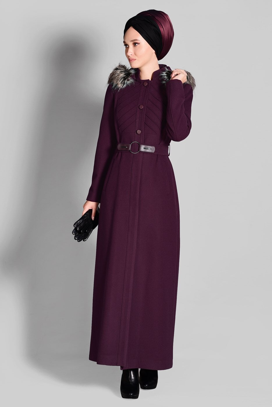 Hijab clothing PLUM FAUX-FUR-TRIM HOODED MANDARIN COLLAR COAT 9679 