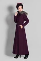 Hijab clothing PLUM FAUX-FUR-TRIM HOODED MANDARIN COLLAR COAT 9679 