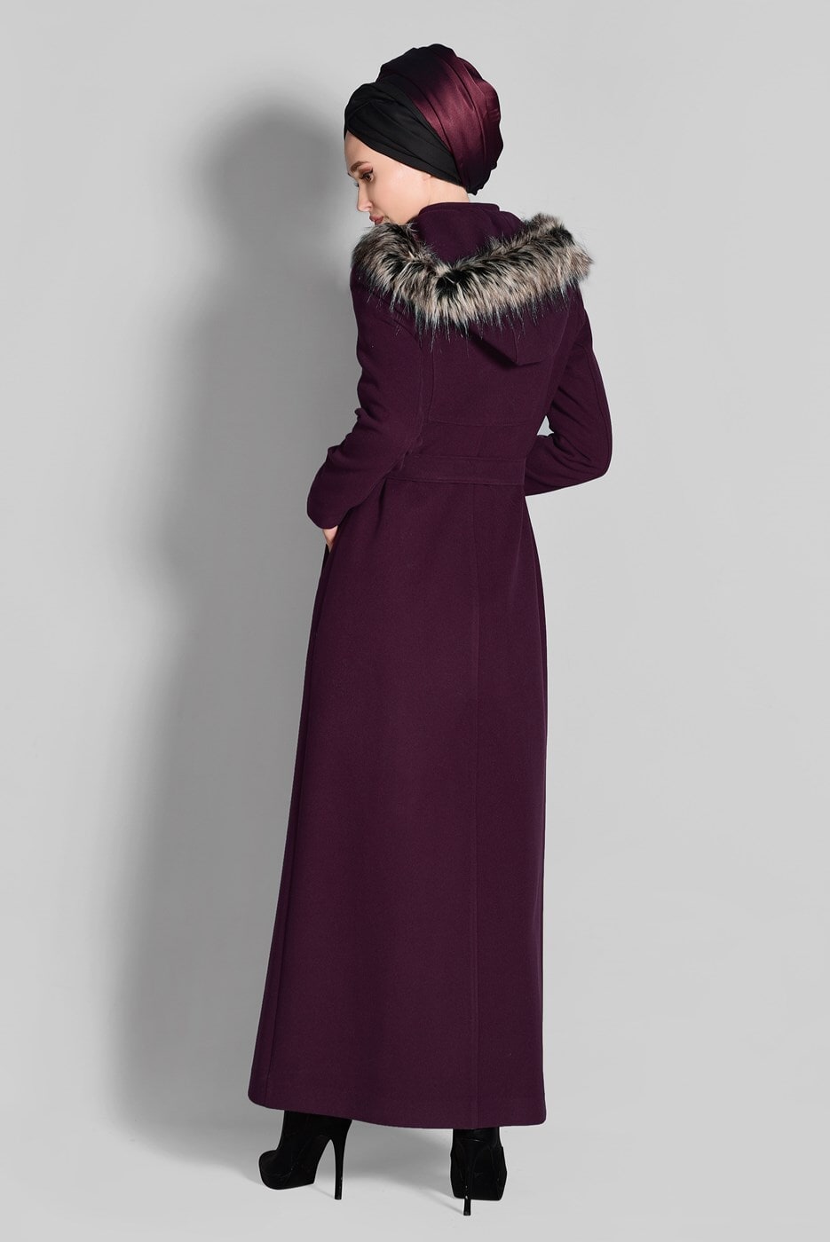 Hijab clothing PLUM FAUX-FUR-TRIM HOODED MANDARIN COLLAR COAT 9679 