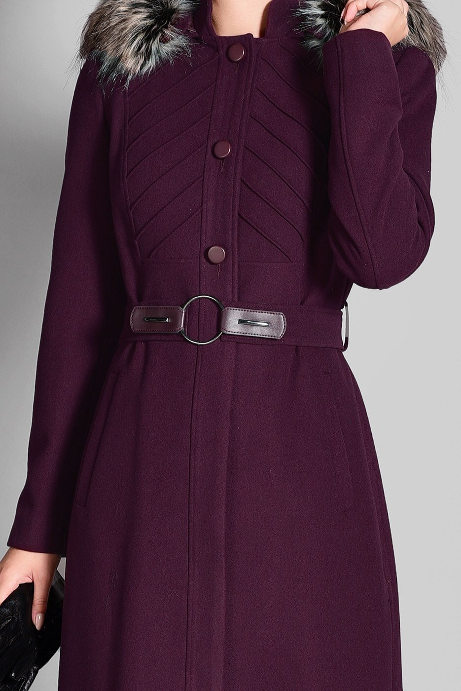 Hijab clothing PLUM FAUX-FUR-TRIM HOODED MANDARIN COLLAR COAT 9679 