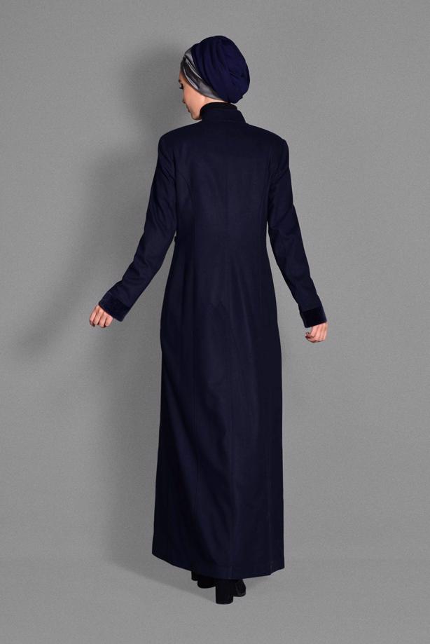 Tesettür giyim LACİVERT BELİ BONCUK İŞLEMELİ HAKİM YAKA MANTO 9680  - TRENDTESETTÜR