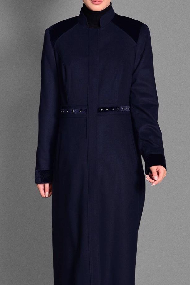 Tesettür giyim LACİVERT BELİ BONCUK İŞLEMELİ HAKİM YAKA MANTO 9680  - TRENDTESETTÜR