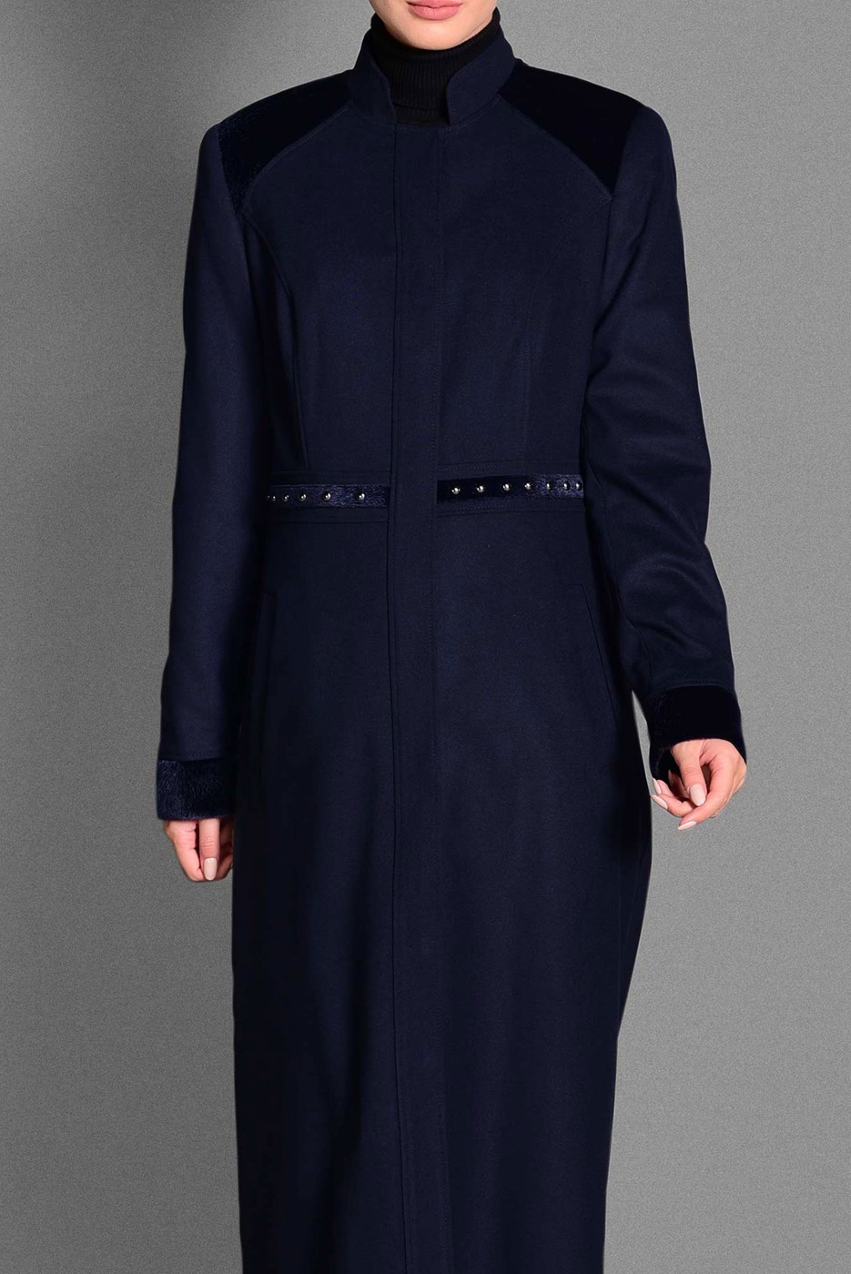 Tesettür giyim LACİVERT BELİ BONCUK İŞLEMELİ HAKİM YAKA MANTO 9680 