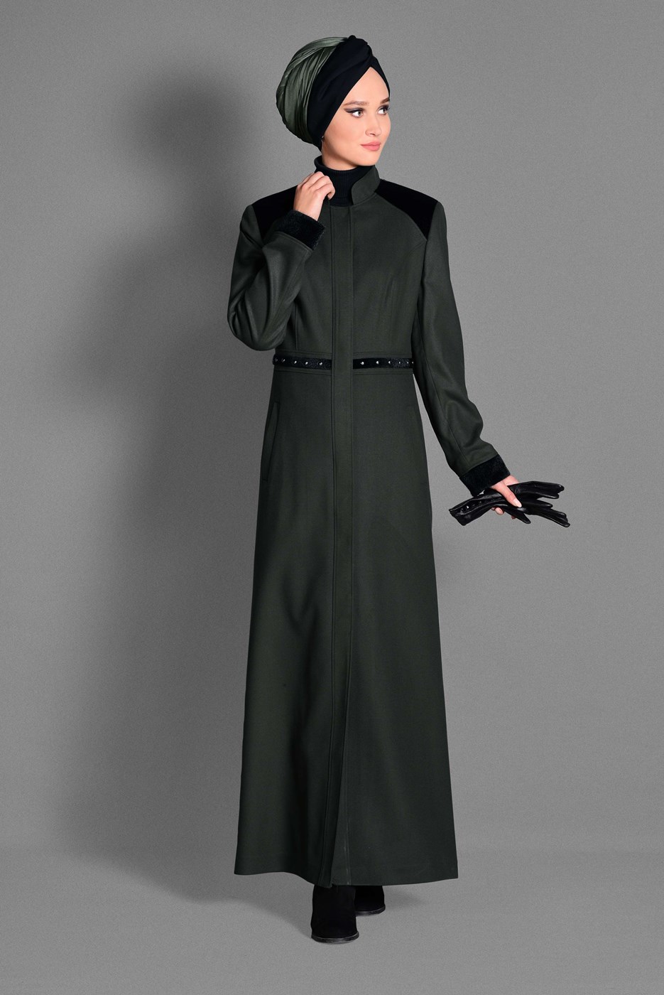 Hijab clothing KHAKI MANDARIN COLLAR WAIST BEADED COAT 9680