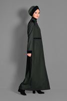 Hijab clothing KHAKI MANDARIN COLLAR WAIST BEADED COAT 9680