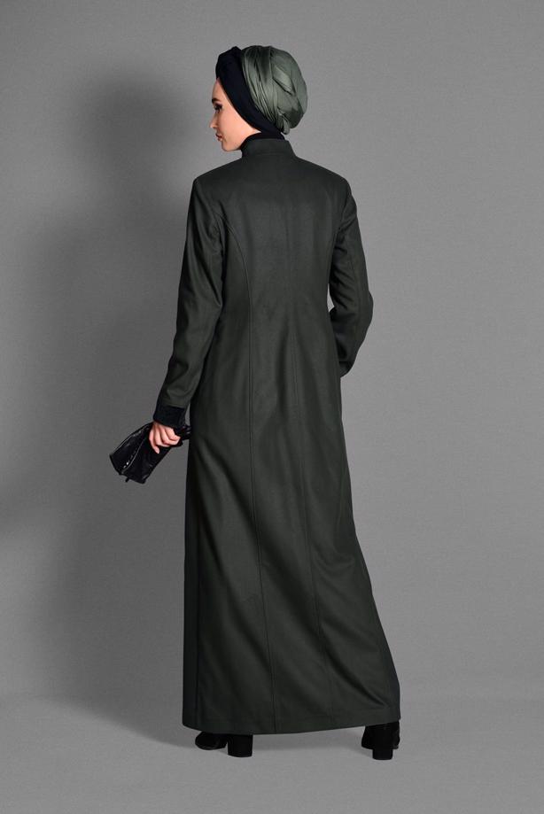 Tesettür giyim HAKİ BELİ BONCUK İŞLEMELİ HAKİM YAKA MANTO 9680  - TRENDTESETTÜR