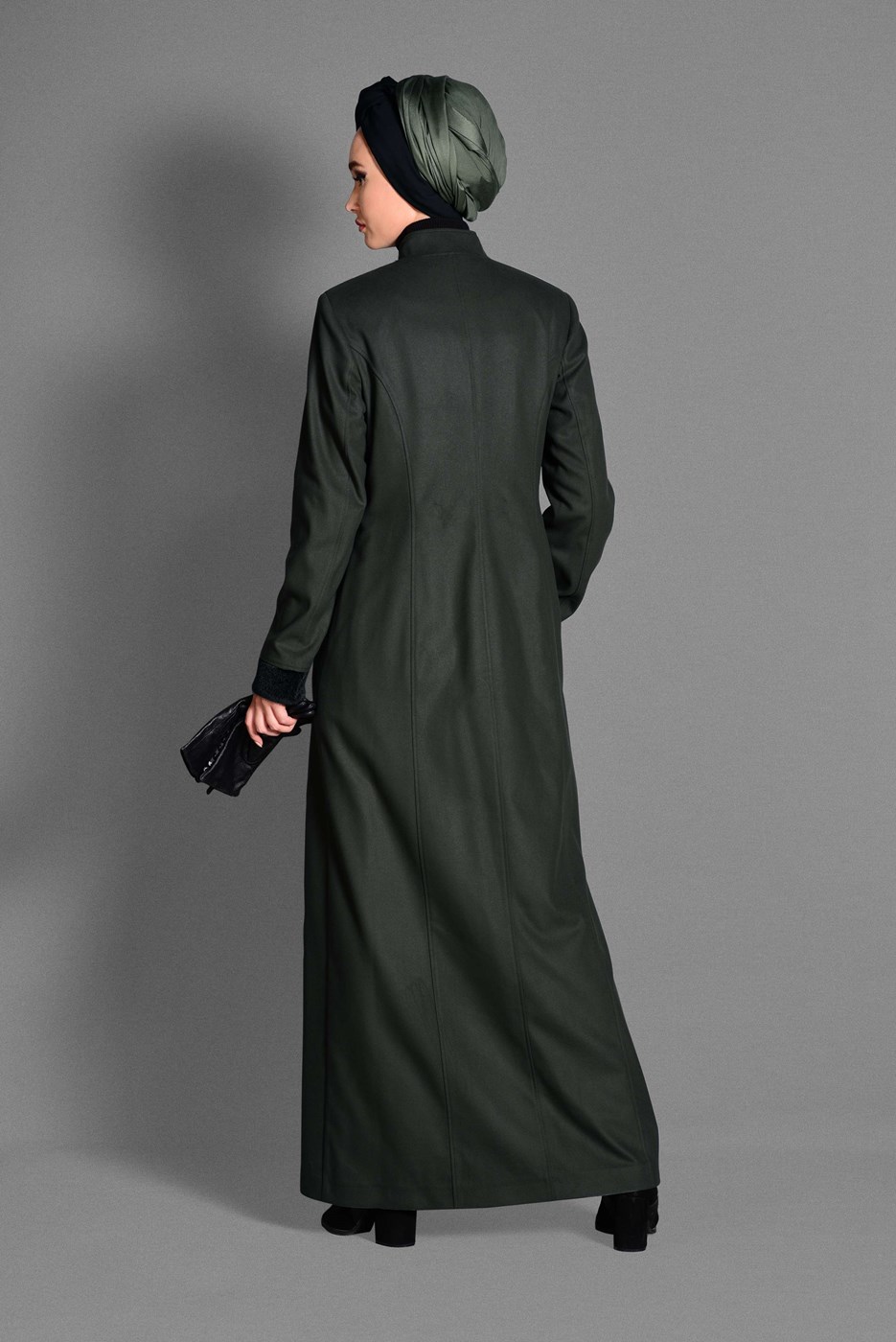 Hijab clothing KHAKI MANDARIN COLLAR WAIST BEADED COAT 9680