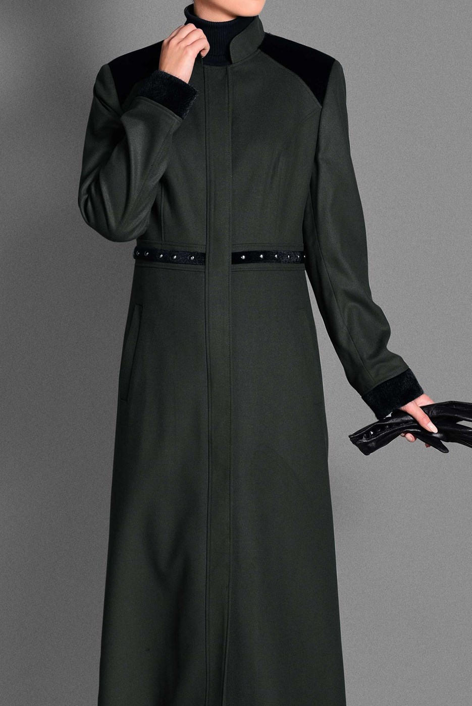 Hijab clothing KHAKI MANDARIN COLLAR WAIST BEADED COAT 9680