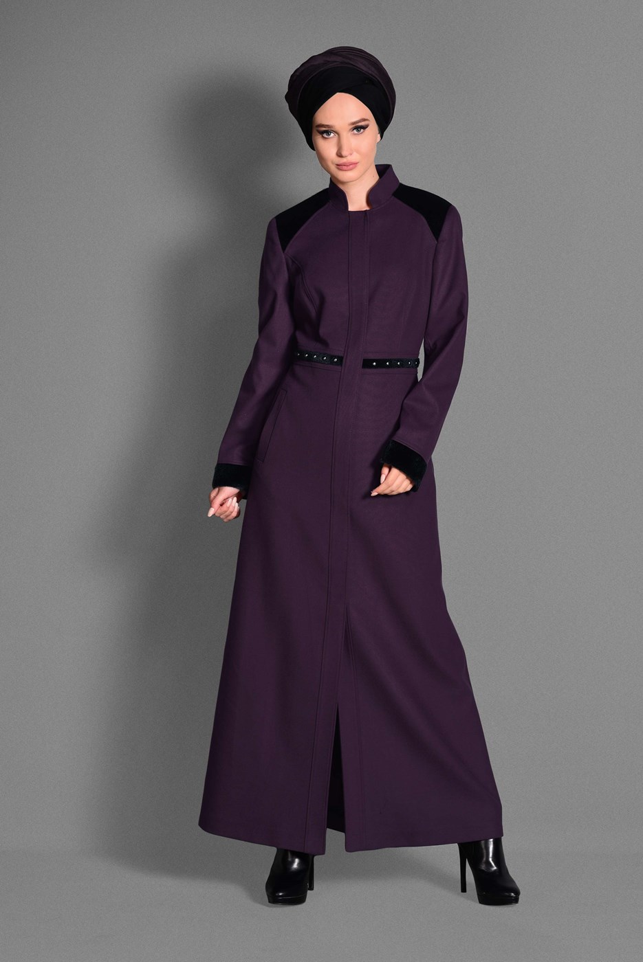 Tesettür giyim MÜRDÜM BELİ BONCUK İŞLEMELİ HAKİM YAKA MANTO 9680 