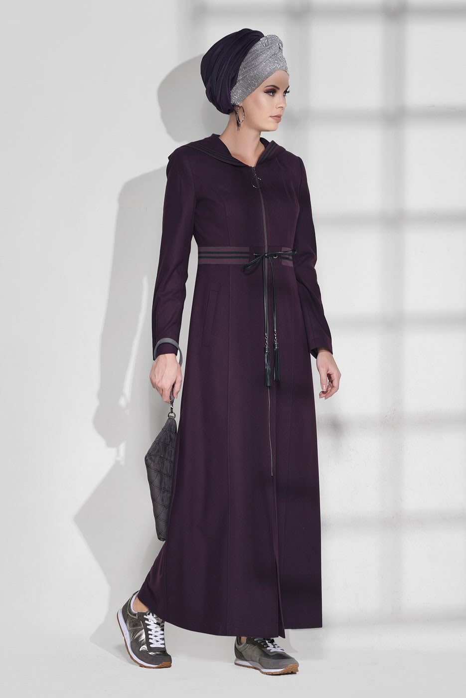 Hijab clothing PLUM STRIPPED HOODED COAT 9681 