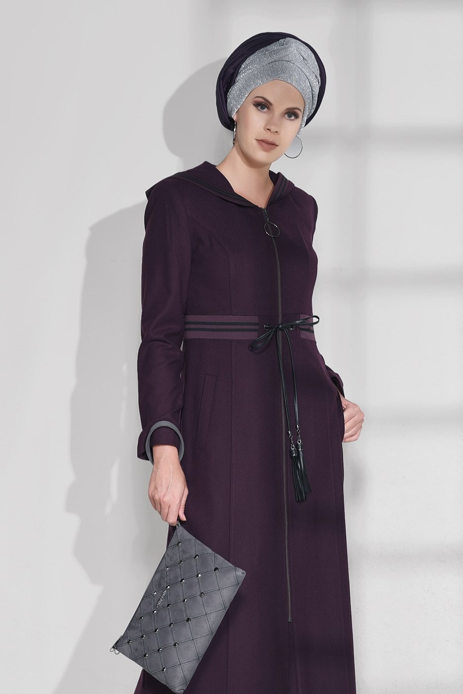 Hijab clothing PLUM STRIPPED HOODED COAT 9681 