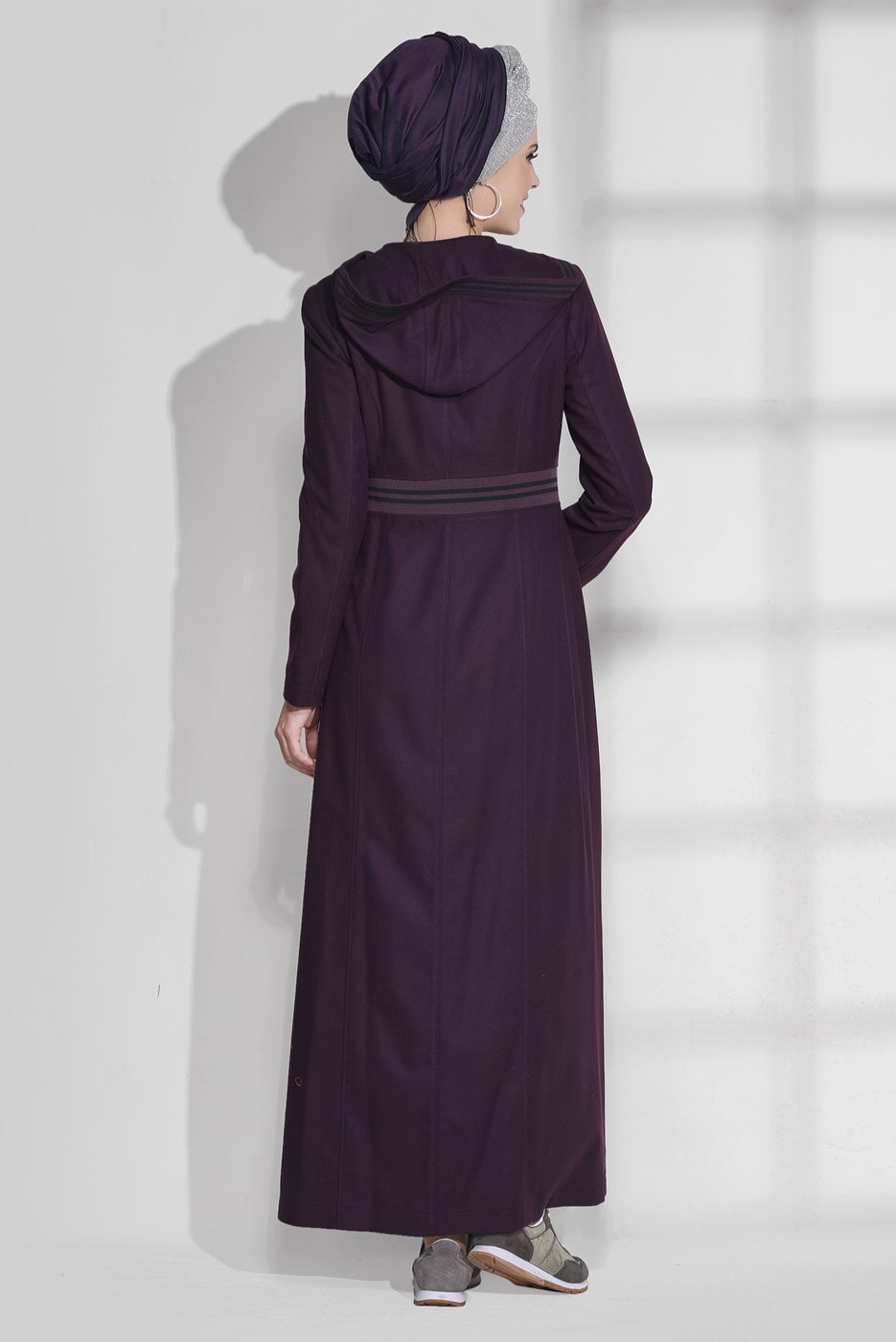 Hijab clothing PLUM STRIPPED HOODED COAT 9681 