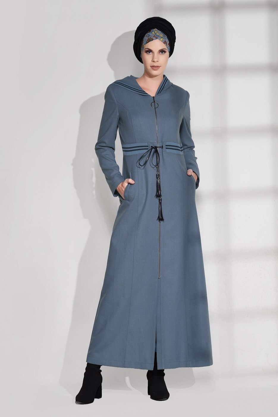 Hijab clothing GREEN STRIPPED HOODED COAT 9681 