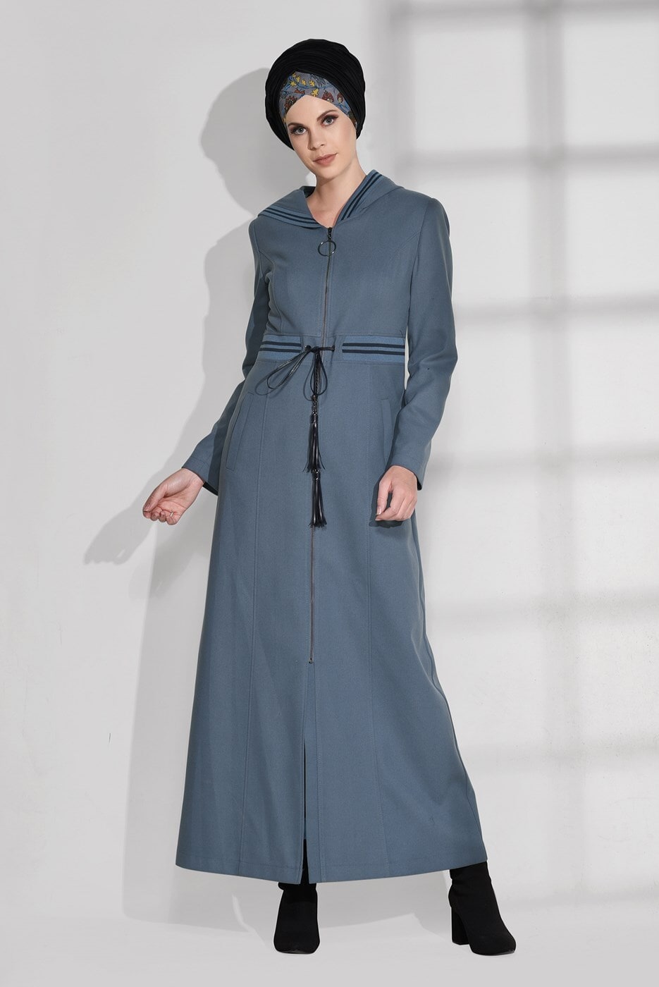 Hijab clothing GREEN STRIPPED HOODED COAT 9681 