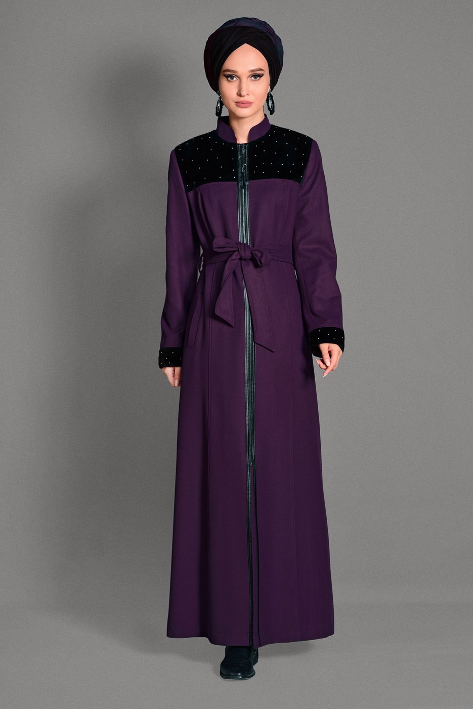 Hijab clothing PLUM BEADED MANDARIN COLLAR TRENCH-COAT 9715 