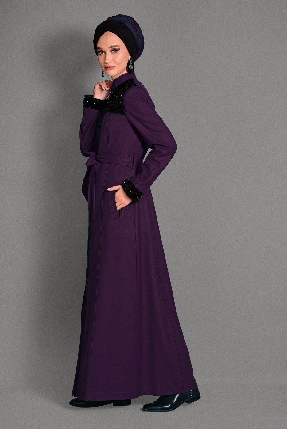 Hijab clothing PLUM BEADED MANDARIN COLLAR TRENCH-COAT 9715 