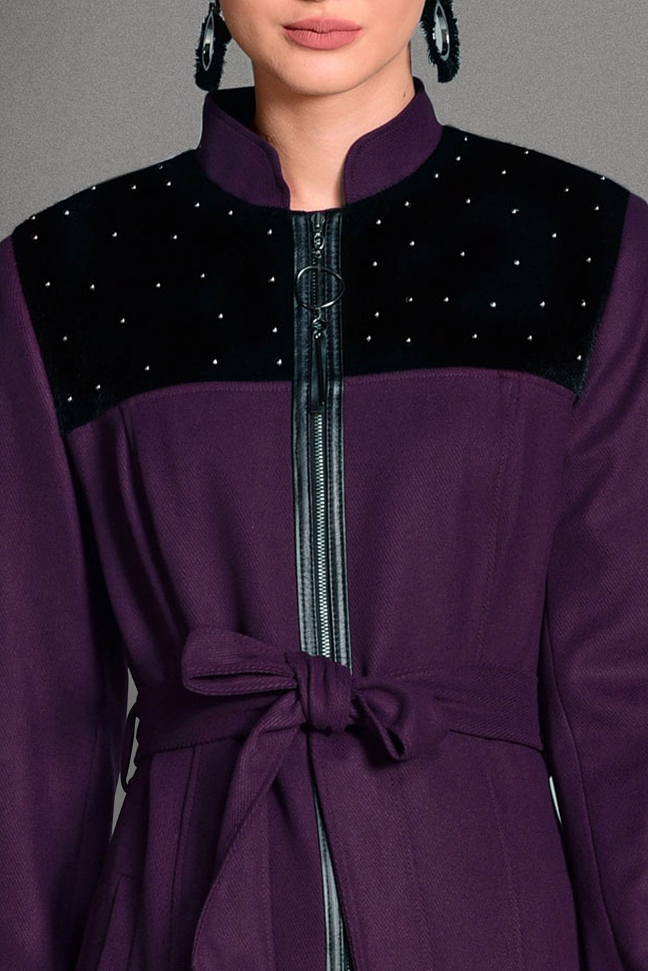 Hijab clothing PLUM BEADED MANDARIN COLLAR TRENCH-COAT 9715