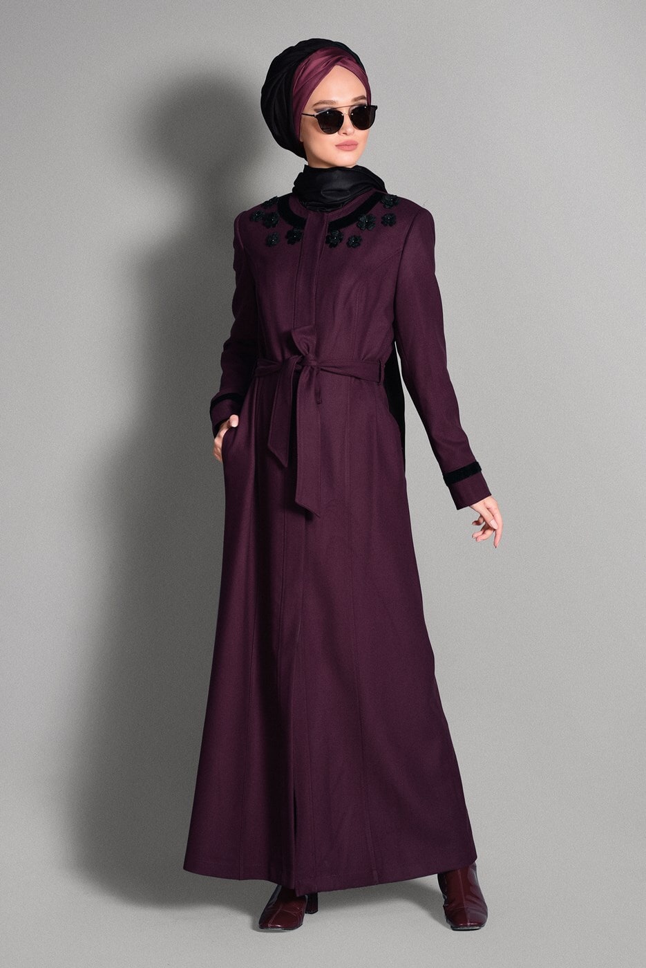 Hijab clothing CLARET RED FLORAL DETAILED COAT 9716 