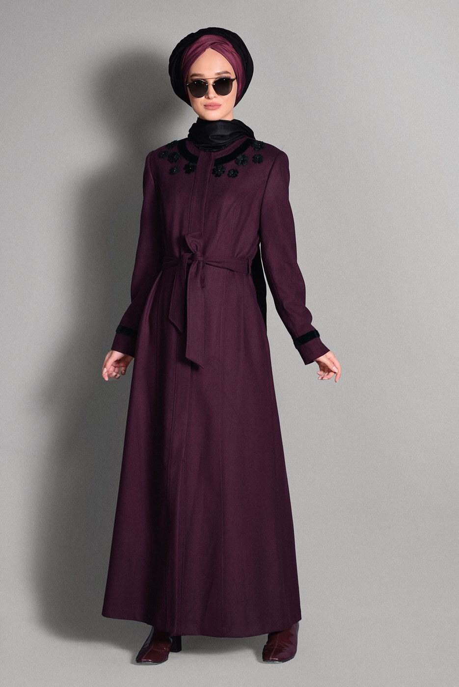 Hijab clothing CLARET RED FLORAL DETAILED COAT 9716 