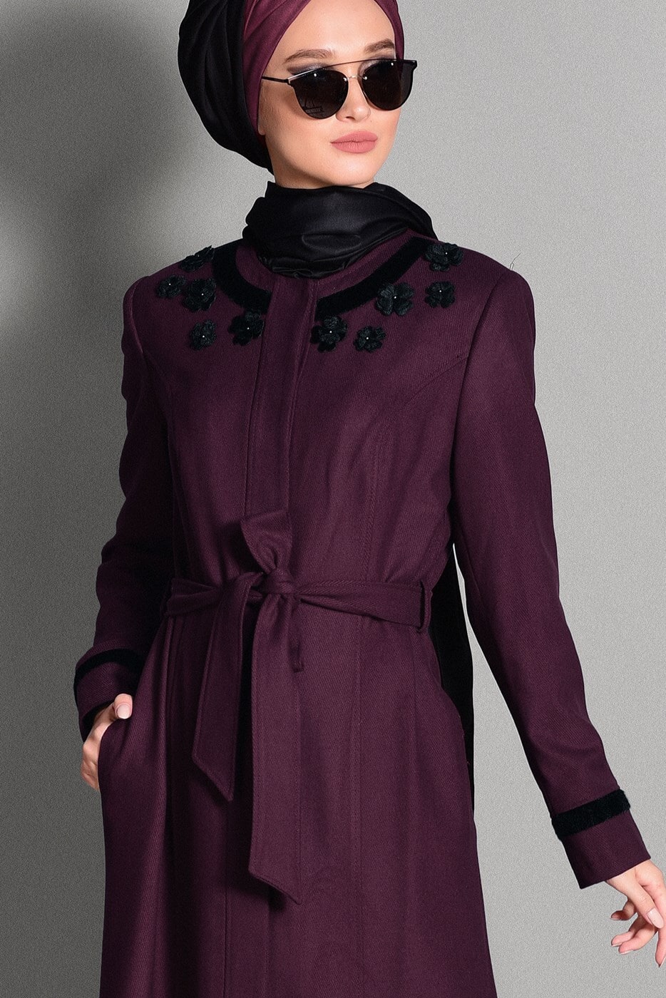 Hijab clothing CLARET RED FLORAL DETAILED COAT 9716 