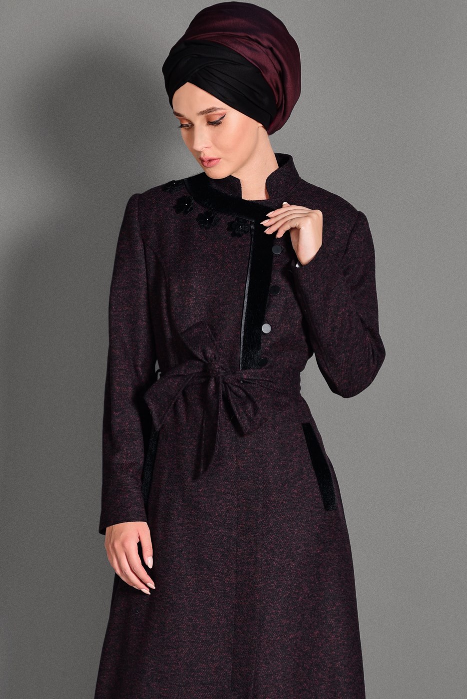 Hijab clothing BLACK MANDARIN COLLAR TIE-WAIST COAT 9717 