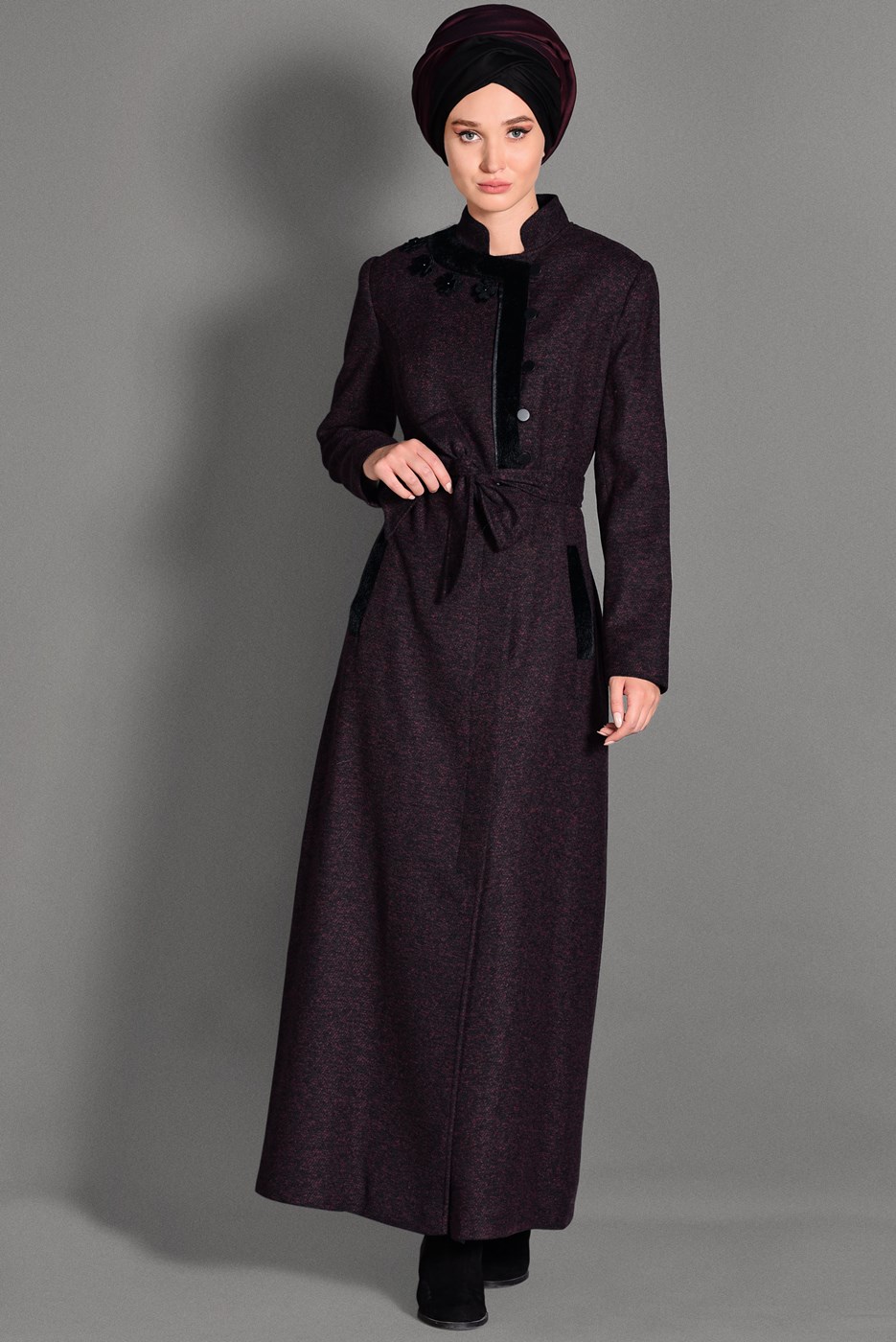 Hijab clothing BLACK MANDARIN COLLAR TIE-WAIST COAT 9717 