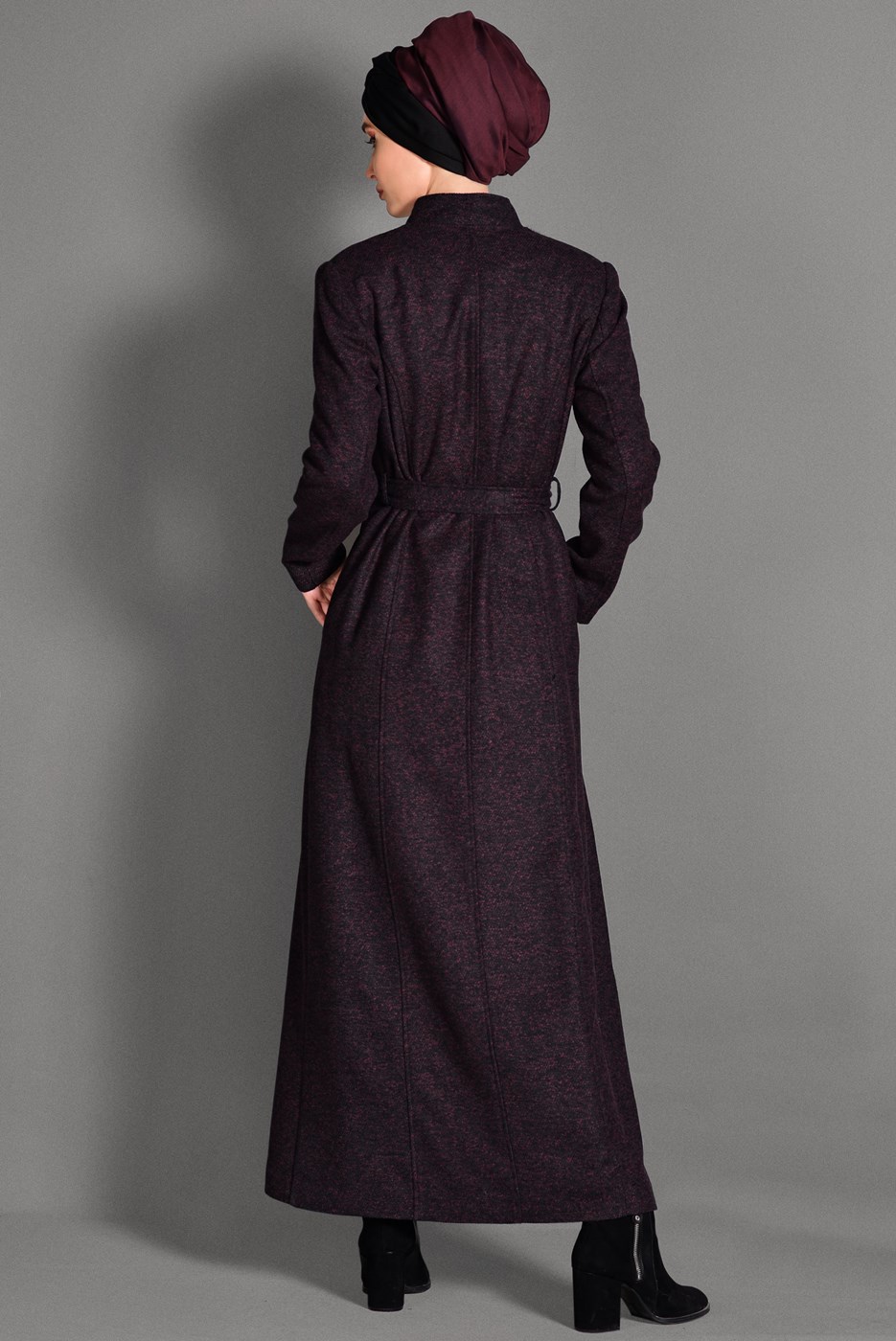 Hijab clothing BLACK MANDARIN COLLAR TIE-WAIST COAT 9717 