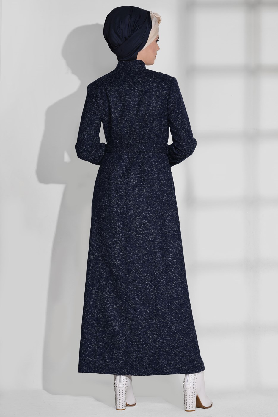 Tesettür giyim LACİVERT HAKİM YAKA KUŞAKLI MANTO 9717