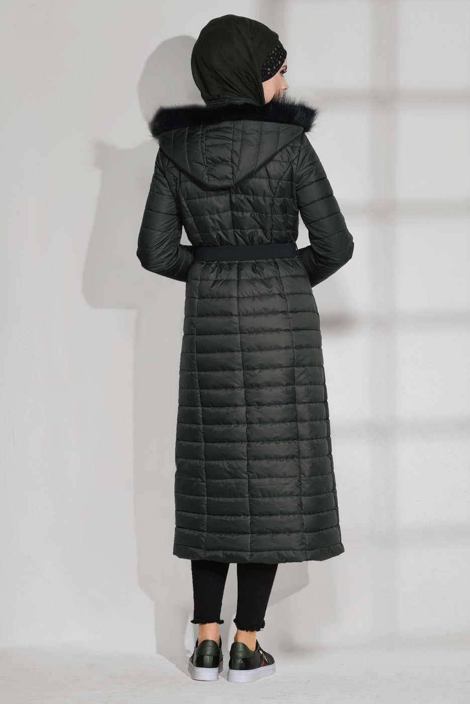 Tesettür giyim HAKİ BİYELİ KAPİTONE MANTO 9746