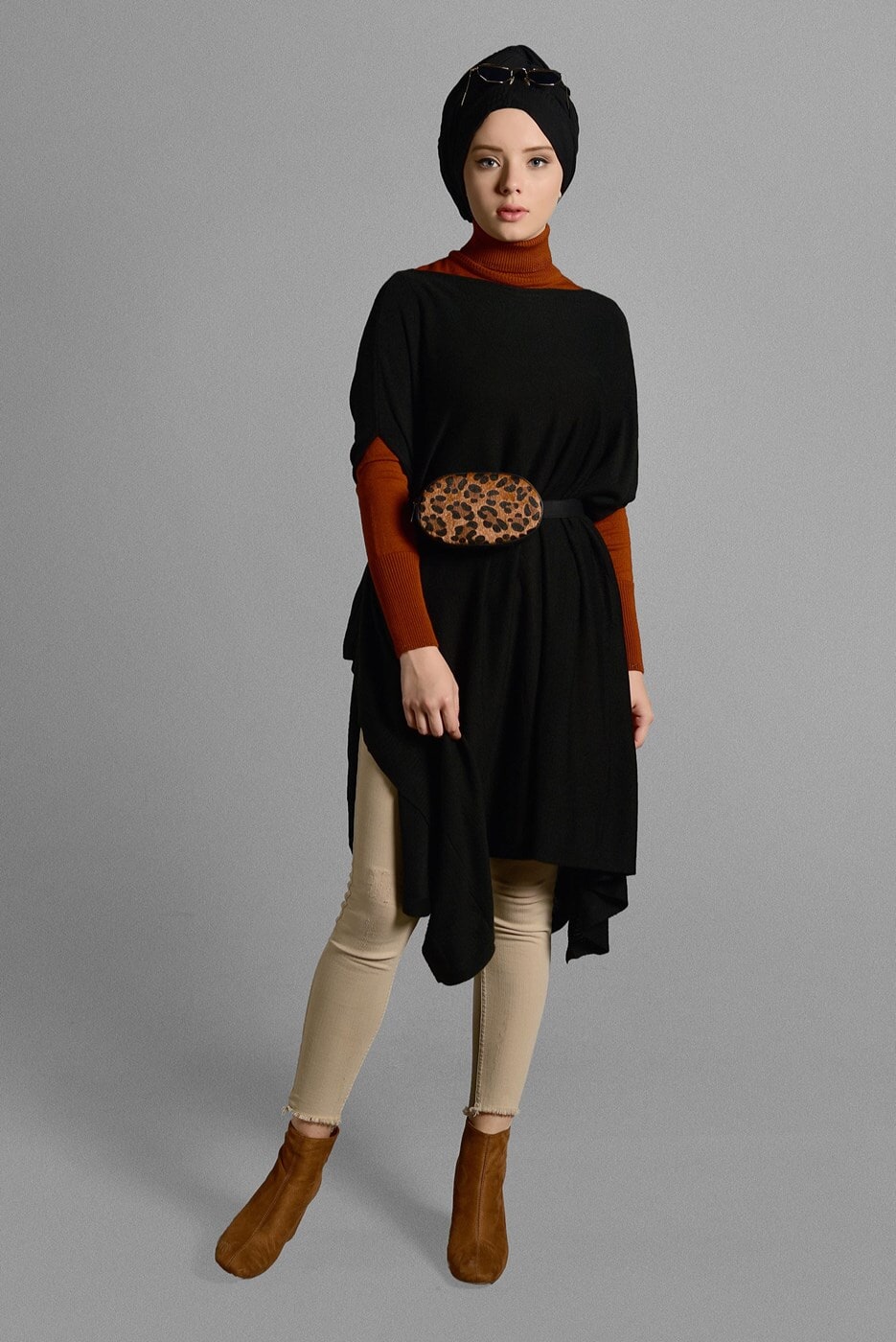 Tesettür giyim SİYAH ASİMETRİK TRİKO  PANÇO T 99101