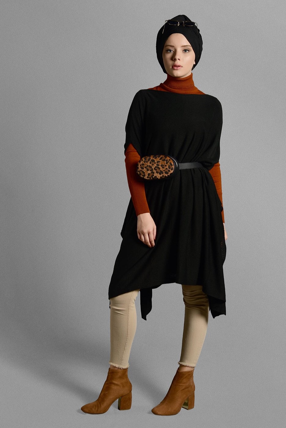 Tesettür giyim SİYAH ASİMETRİK TRİKO  PANÇO T 99101