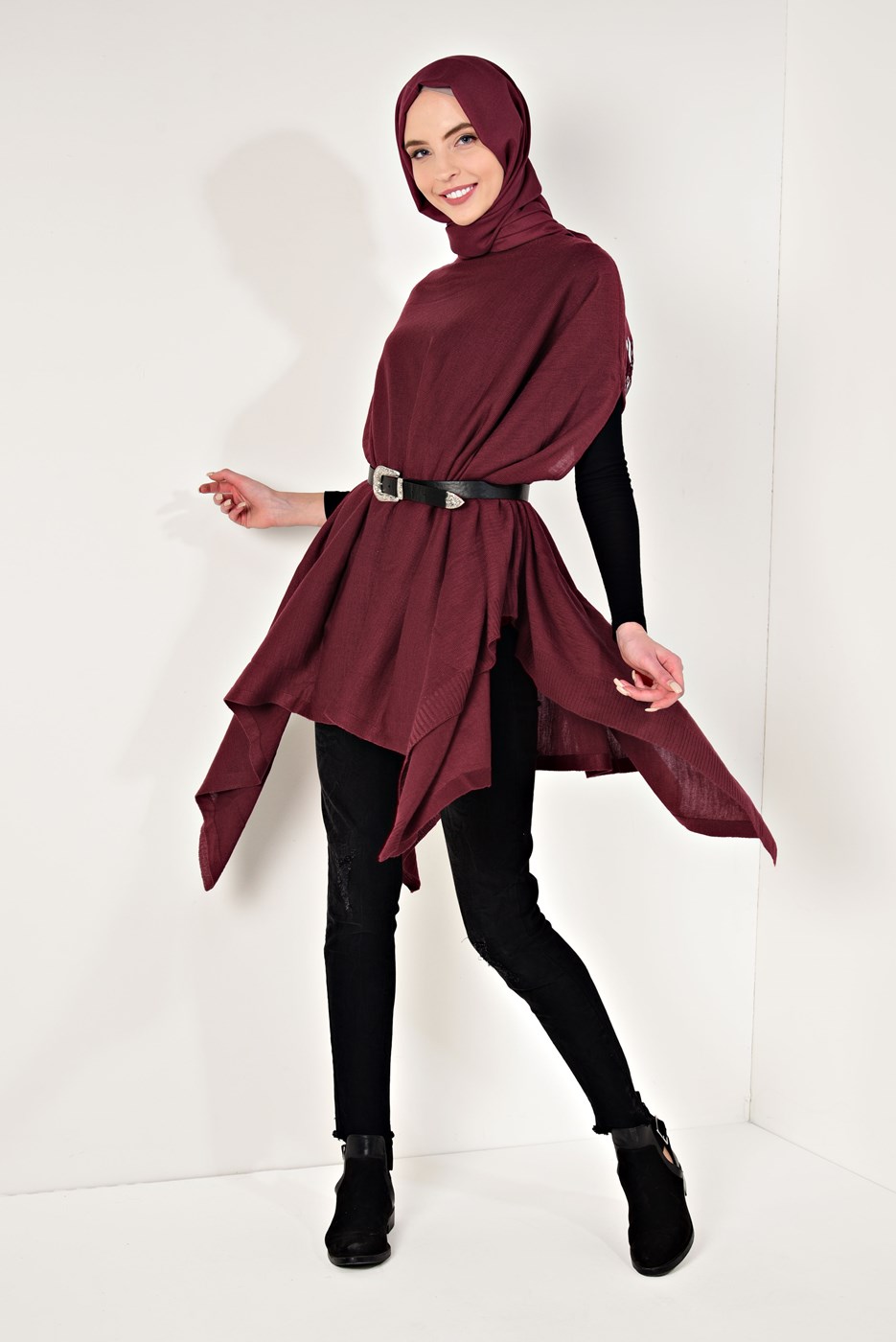 Hijab clothing CLARET RED ASYMMETRIC KNIT PONCHO 99101