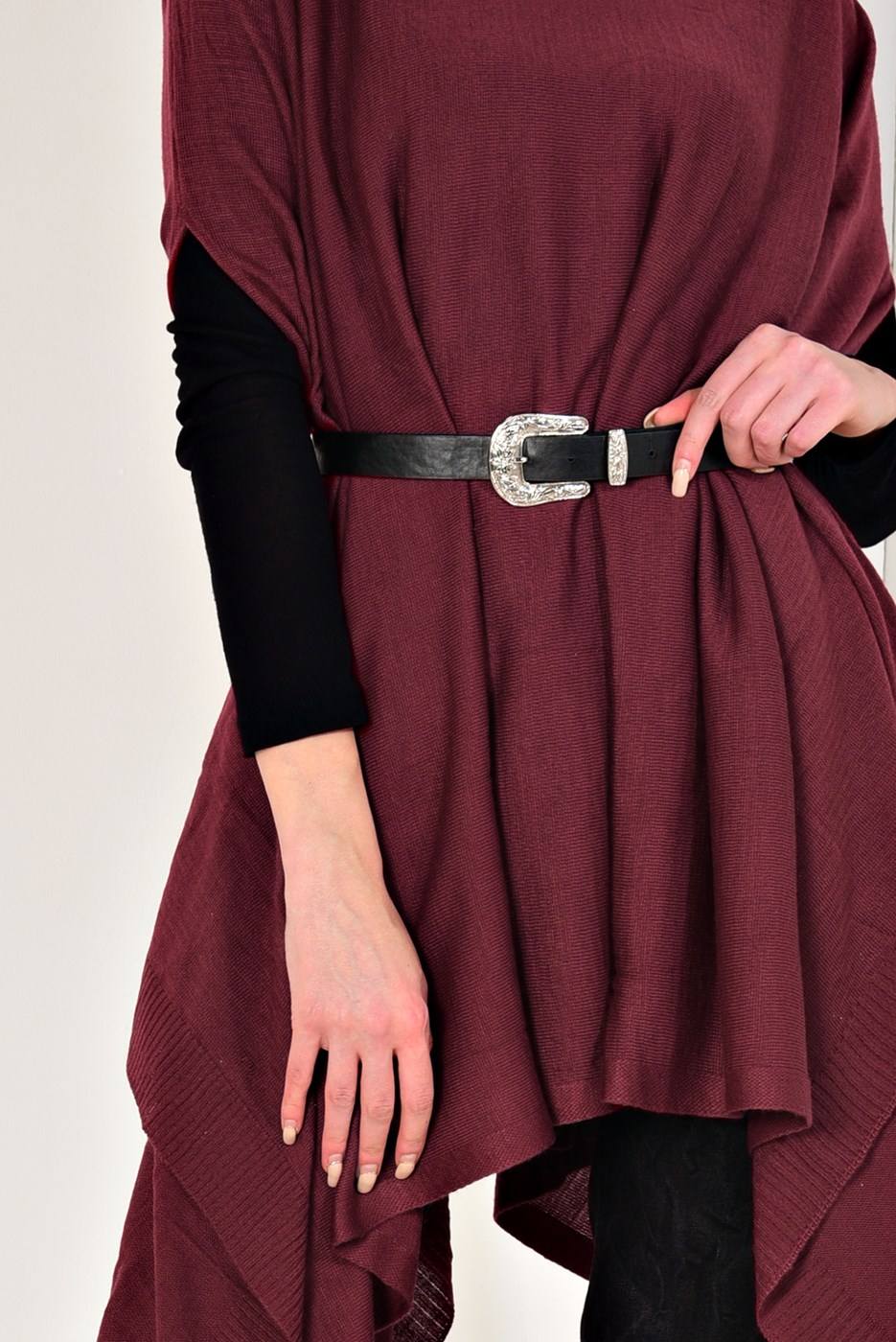 Hijab clothing CLARET RED ASYMMETRIC KNIT PONCHO 99101