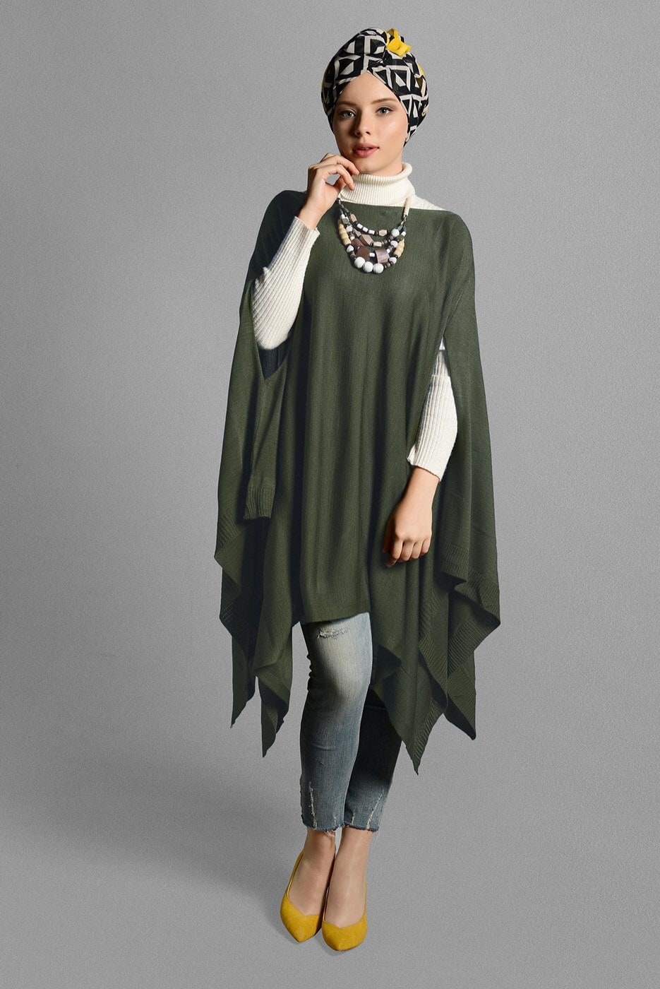 Tesettür giyim HAKİ ASİMETRİK TRİKO  PANÇO T 99101